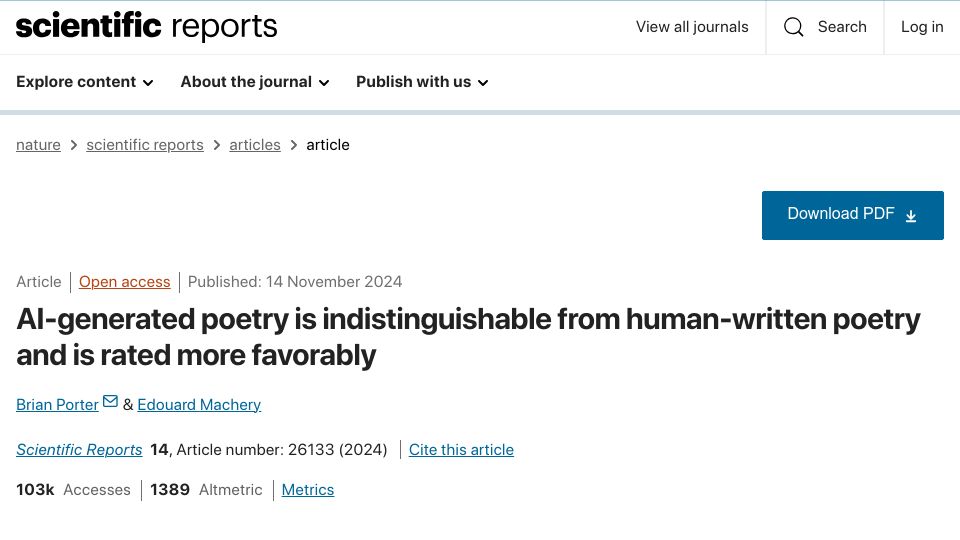 Screenshot of nature.com: AI poetry is indistinguishable from human poetry and is rated more favorably