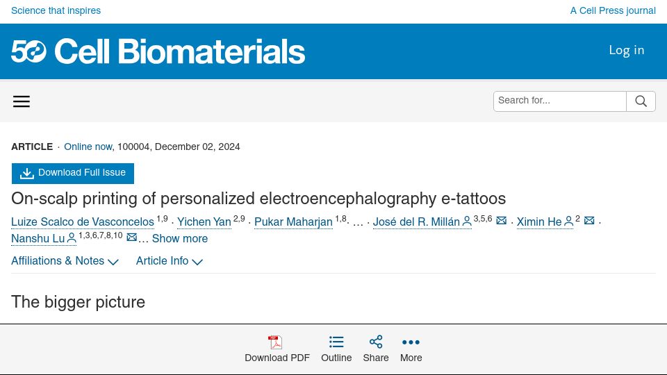 Screenshot of cell.com: On-scalp printing of personalized electroencephalography e-tattoos