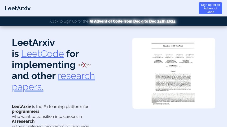 Screenshot of leetarxiv.com: AI Advent of Code: Implementing Papers