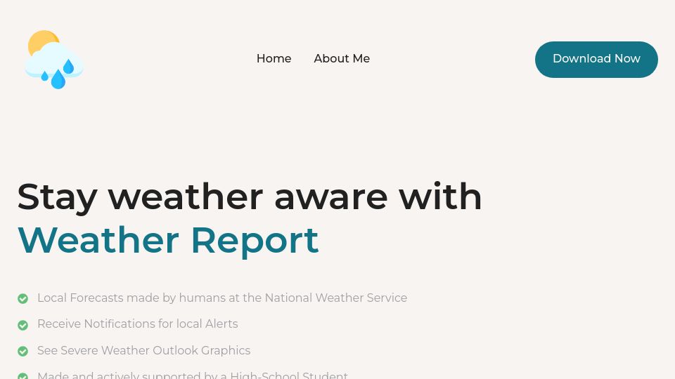 Screenshot of weatherreportnow.com: High School Student's First App – NWS Weather Report