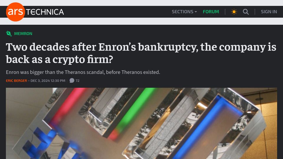 Screenshot of arstechnica.com: Two decades after Enron's bankruptcy, the company is back as a crypto firm?