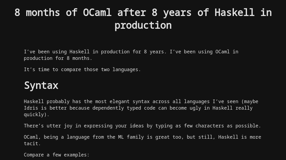 Screenshot of chshersh.com: 8 months of OCaml after 8 years of Haskell in production (2023)