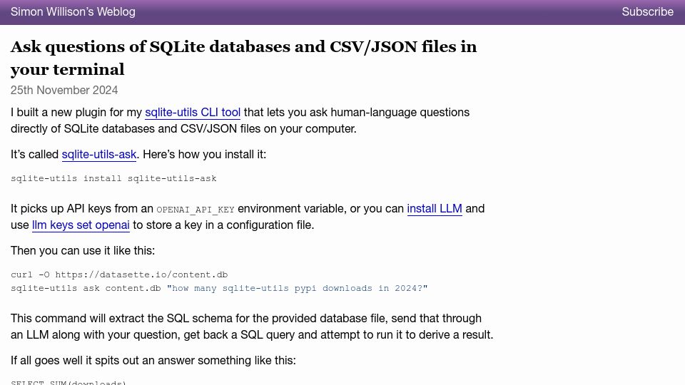 Screenshot of simonwillison.net: Ask questions of SQLite databases and CSV/JSON files in your terminal