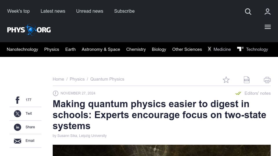 Screenshot of phys.org: Teaching quantum physics in schools: Experts encourage focus on 2 state systems