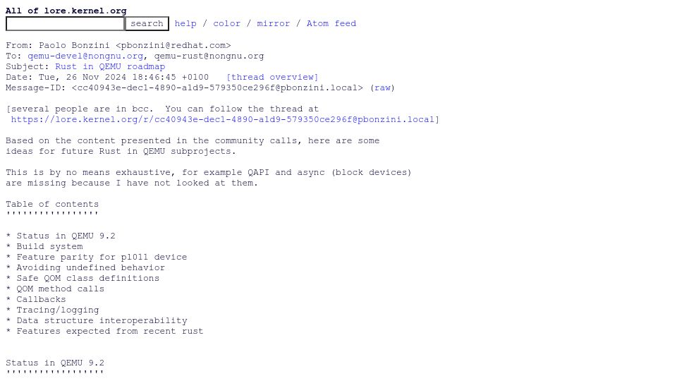 Screenshot of lore.kernel.org: Rust in QEMU Roadmap