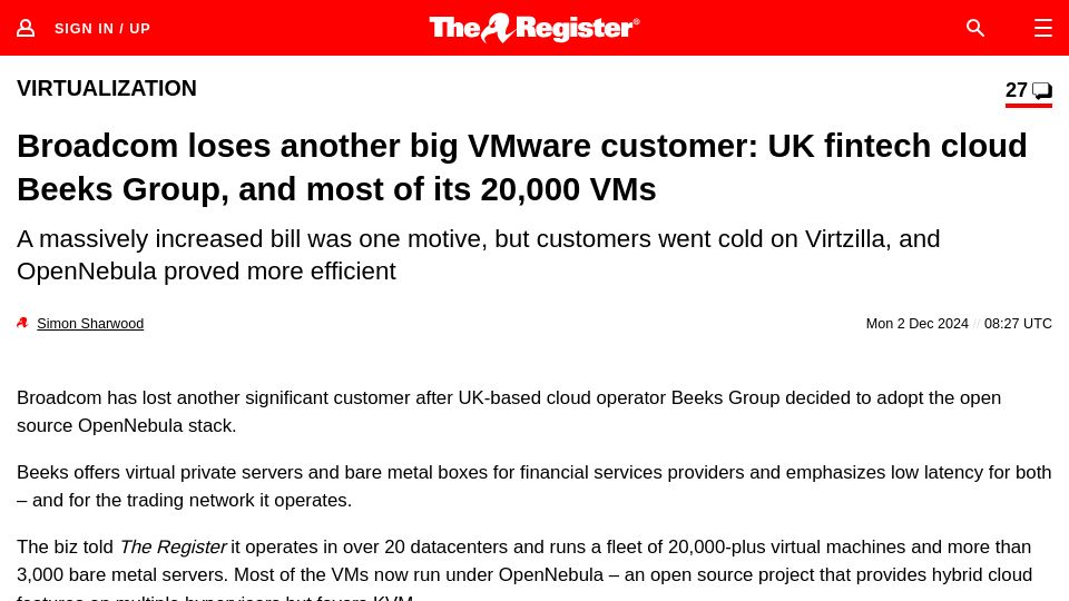 Screenshot of theregister.com: Broadcom loses another big VMware customer