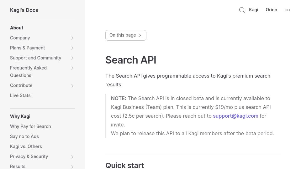 Screenshot of help.kagi.com: Kagi Search API