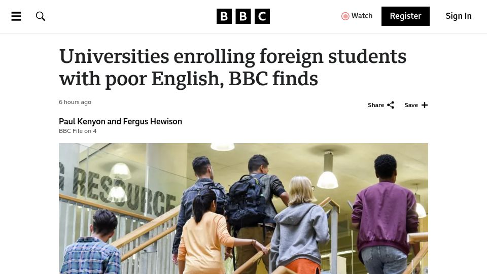 Screenshot of bbc.com: Universities enrolling foreign students with poor English, BBC finds