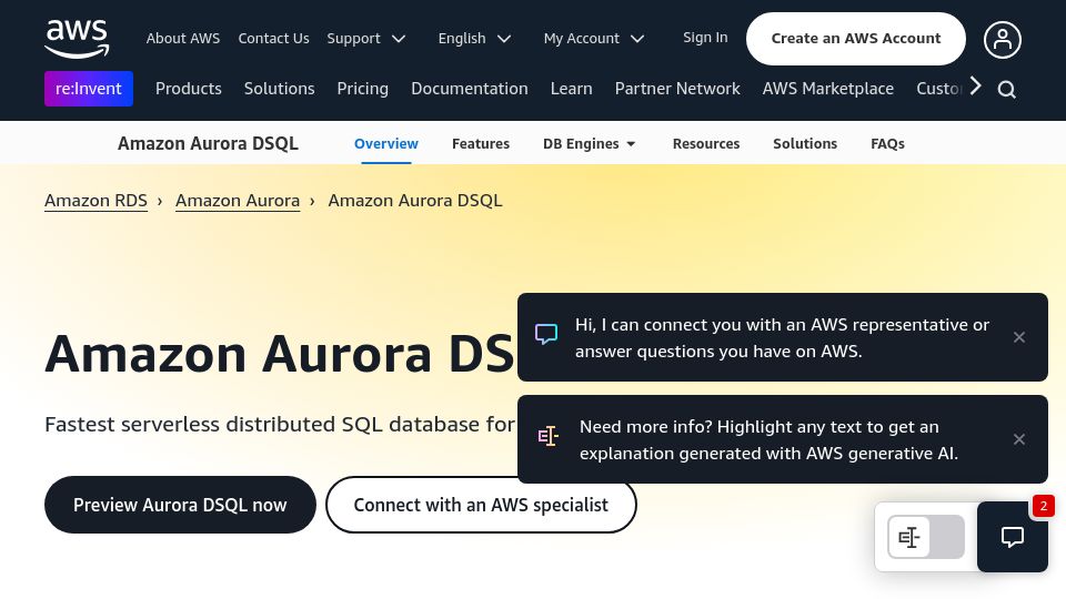 Screenshot of aws.amazon.com: Amazon Aurora DSQL