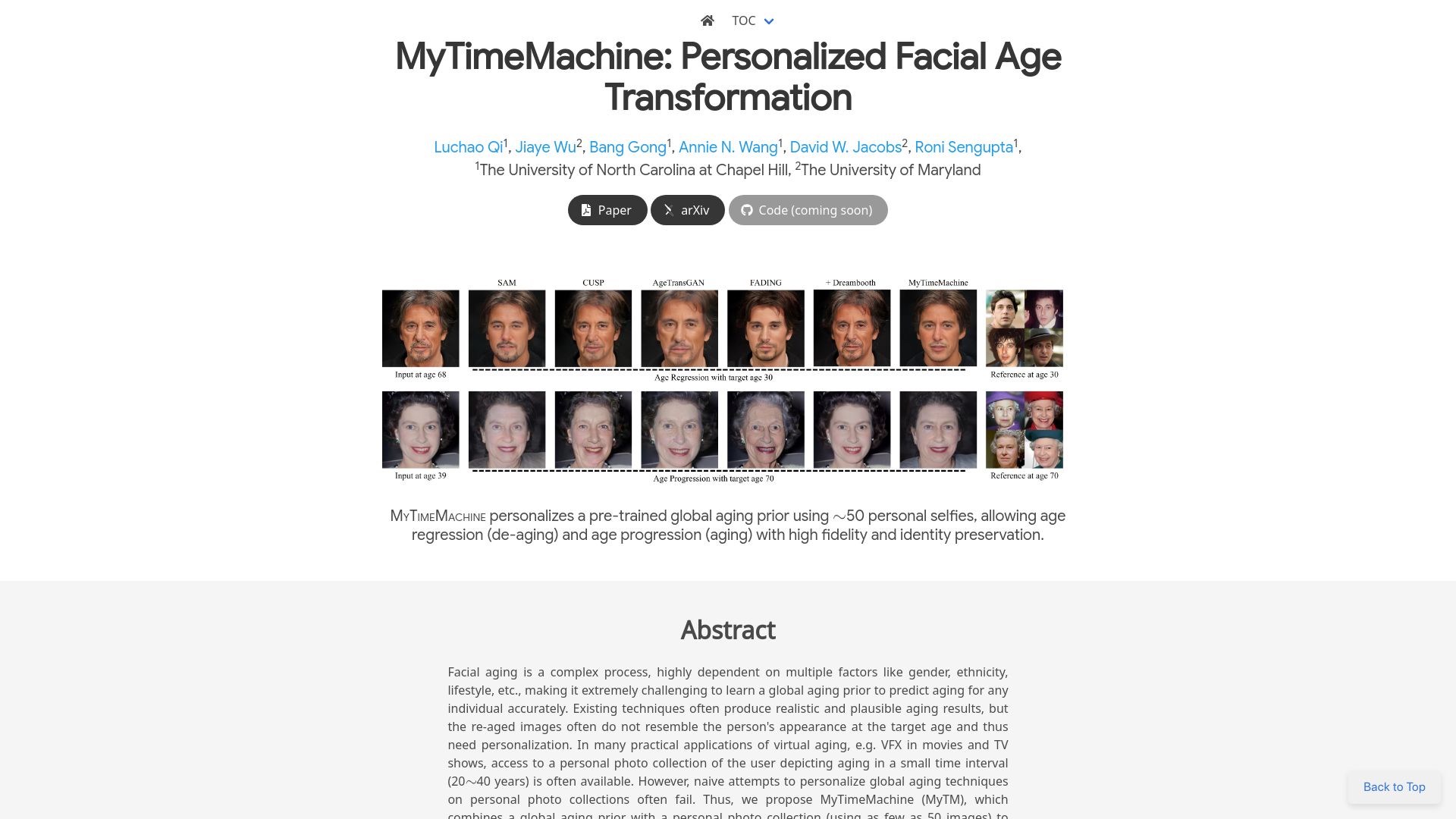 Screenshot of mytimemachine.github.io: MyTimeMachine: Personalized Facial Age Transformation