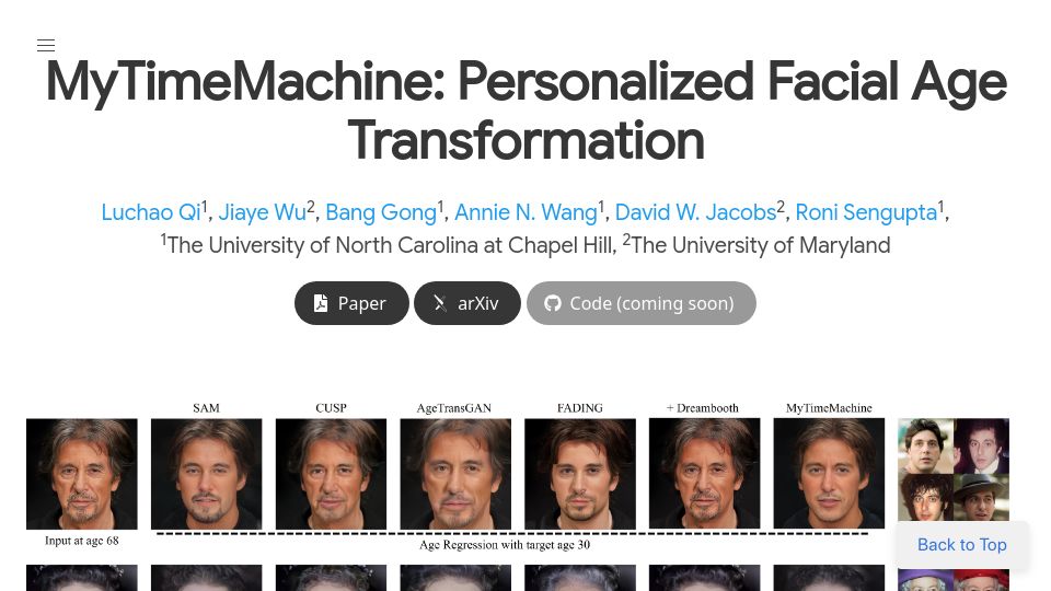 Screenshot of mytimemachine.github.io: MyTimeMachine: Personalized Facial Age Transformation