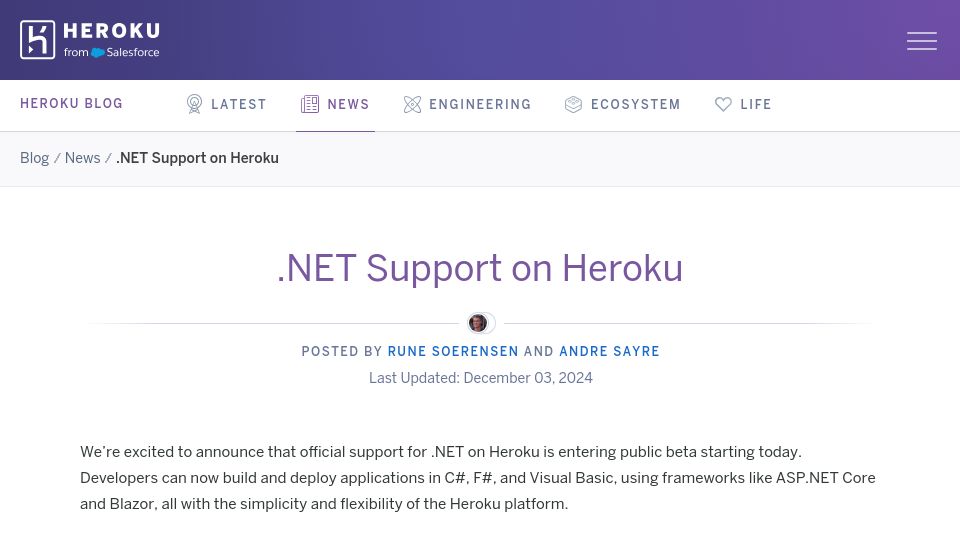 Screenshot of blog.heroku.com: .NET Support on Heroku