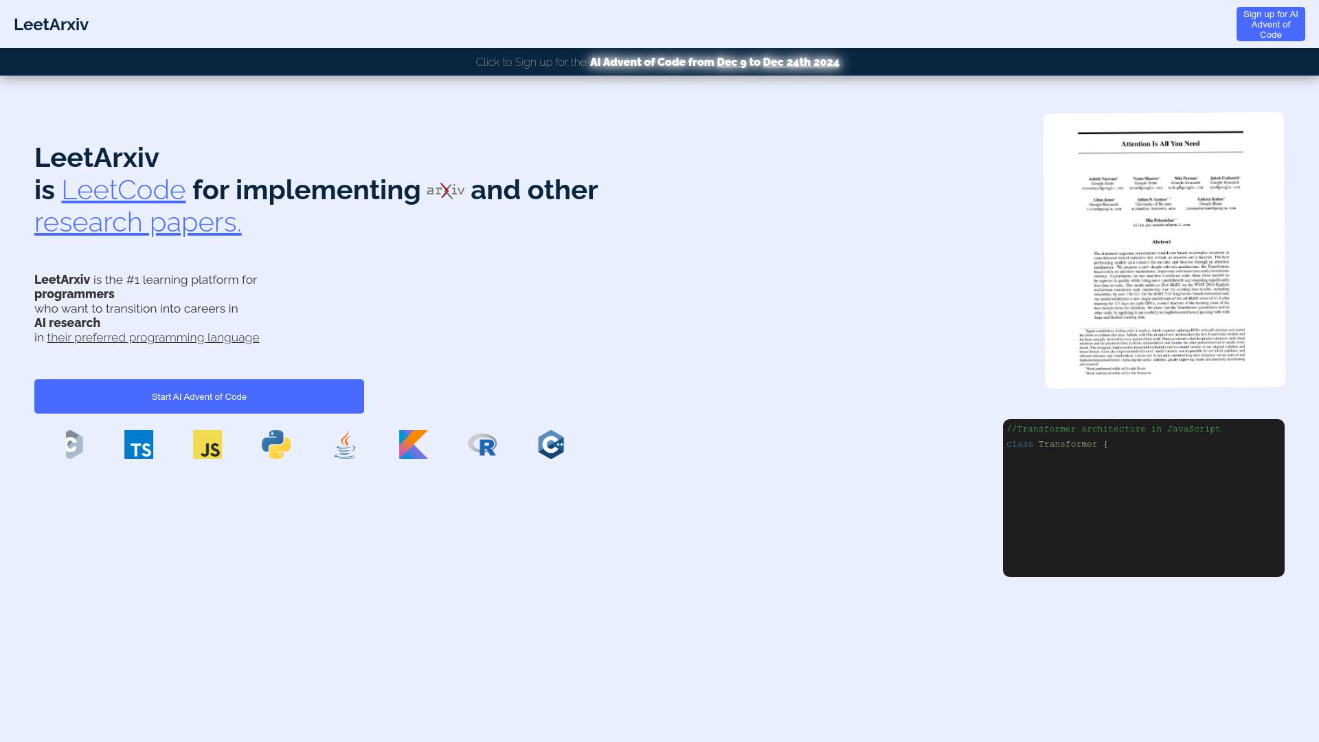 Screenshot of leetarxiv.com: AI Advent of Code: Implementing Papers