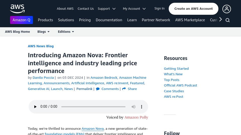 Screenshot of aws.amazon.com: Amazon Nova