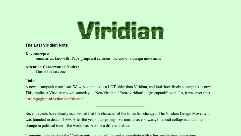 Screenshot of viridiandesign.org: The Last Viridian Note (2008)