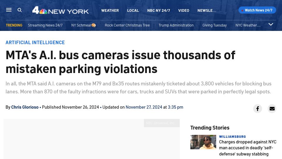 Screenshot of nbcnewyork.com: MTA's A.I. bus cameras issue mistaken parking violations