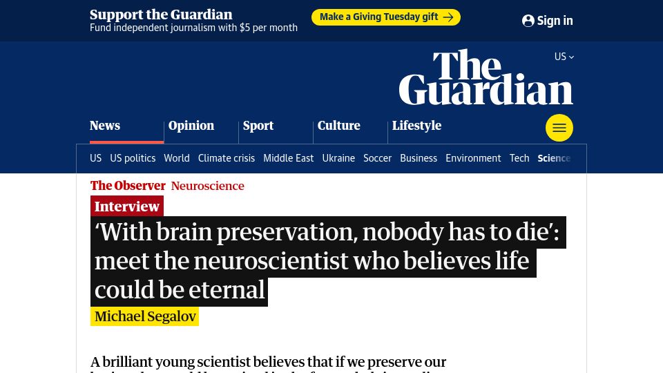Screenshot of theguardian.com: ‘With brain preservation, nobody has to die’