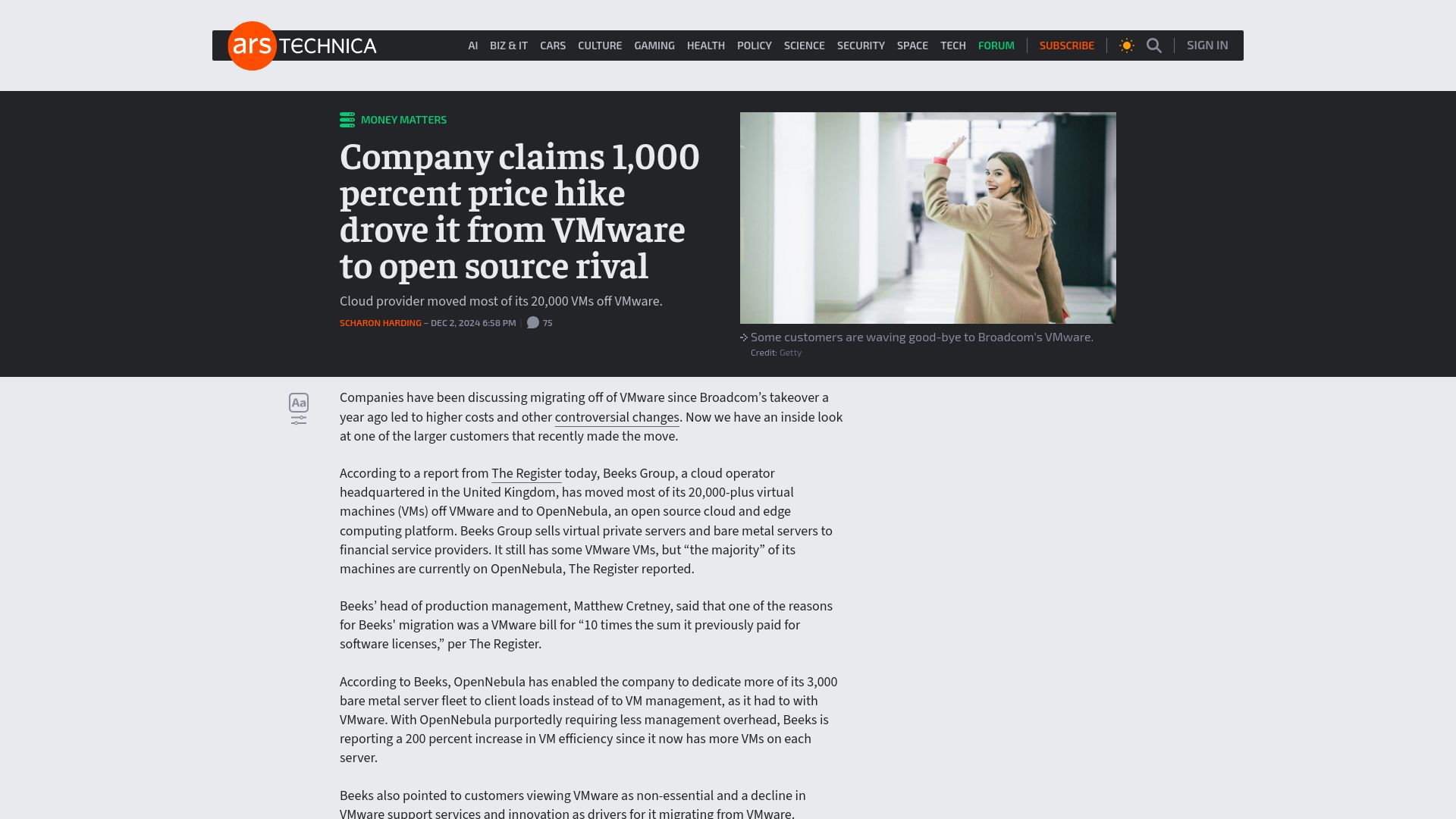 Screenshot of arstechnica.com: Company claims 1k% price hike drove it from VMware to open source rival