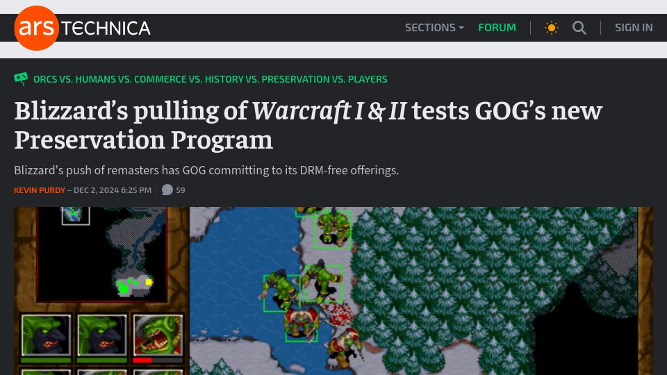 Screenshot of arstechnica.com: Blizzard's pulling of Warcraft I and II tests GOG's new Preservation Program