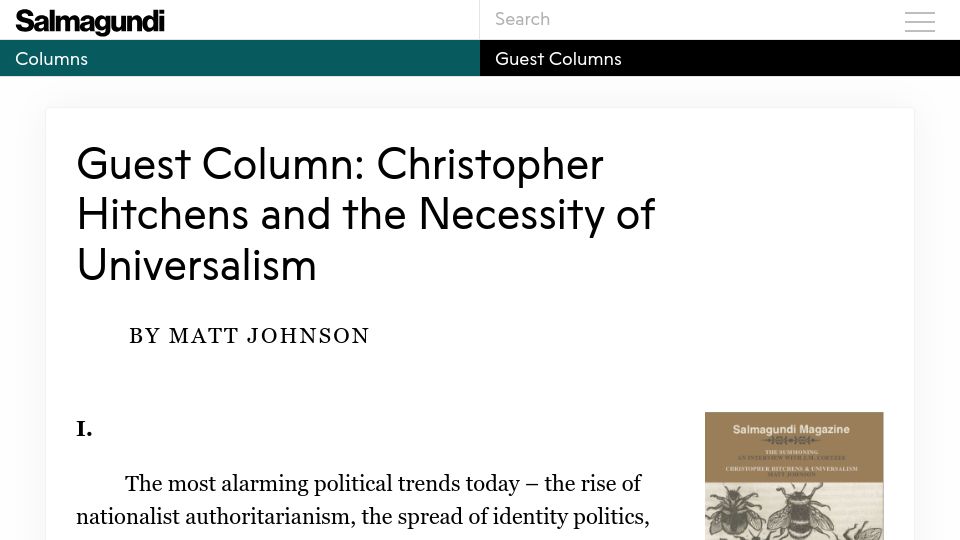 Screenshot of salmagundi.skidmore.edu: Christopher Hitchens and the Necessity of Universalism