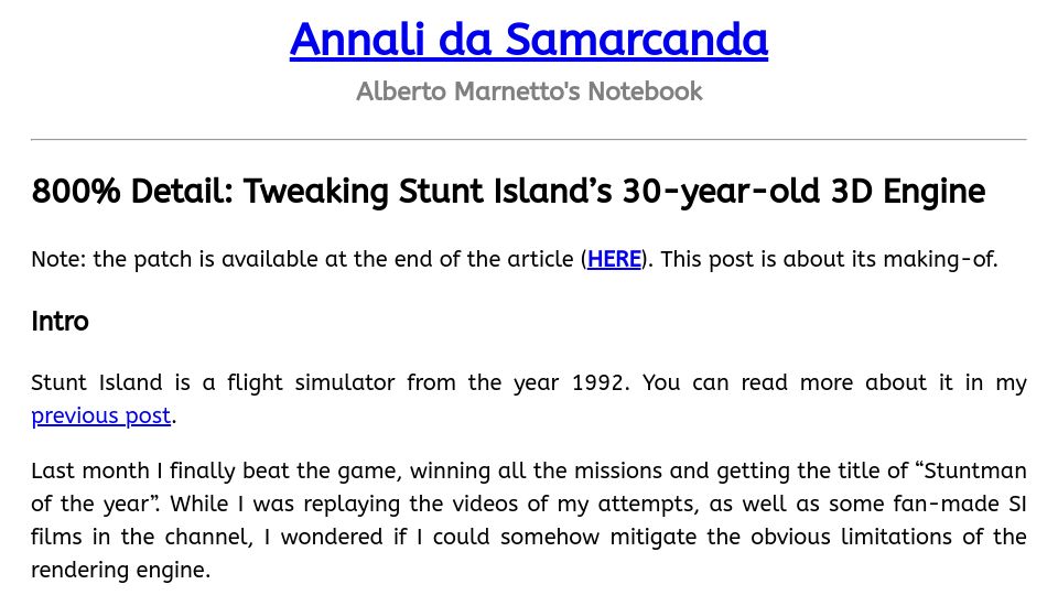 Screenshot of annali.netlify.app: Tweaking Stunt Island's 30-year-old 3D engine