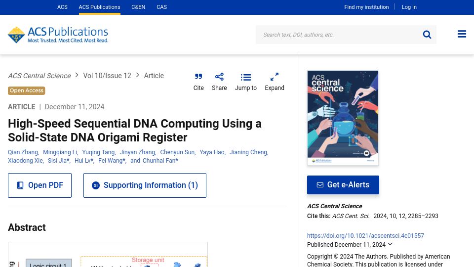 Screenshot of pubs.acs.org: High-Speed Sequential DNA Computing Using a Solid-State DNA Origami Register