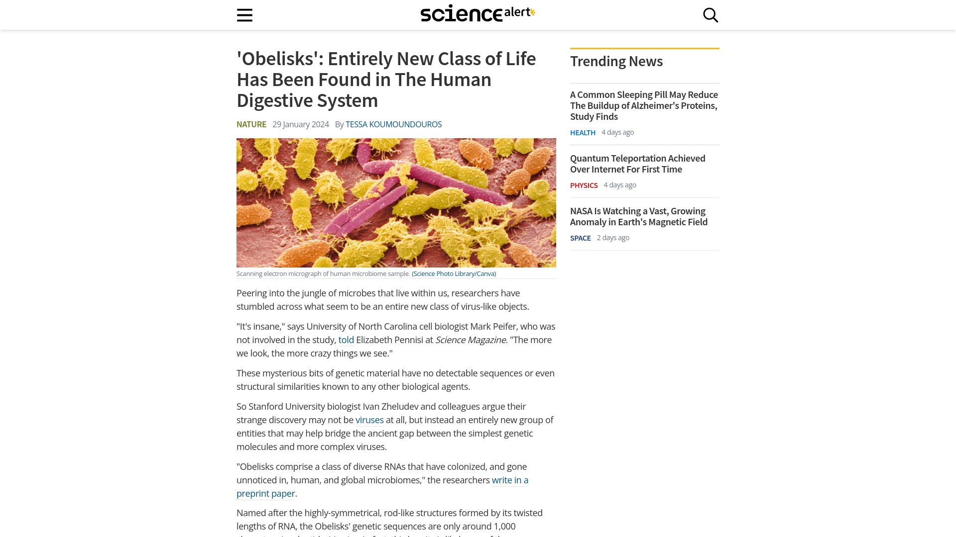 Screenshot of sciencealert.com: 'Obelisks': New class of life has been found in human digestive system