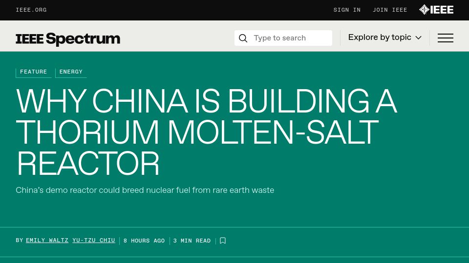 Screenshot of spectrum.ieee.org: China to Build Thorium Molten-Salt Reactor in 2025