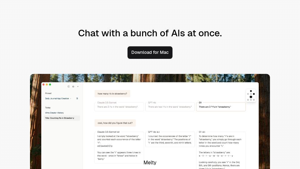 Screenshot of melty.sh: Show HN: Chorus, a Mac app that lets you chat with a bunch of AIs at once