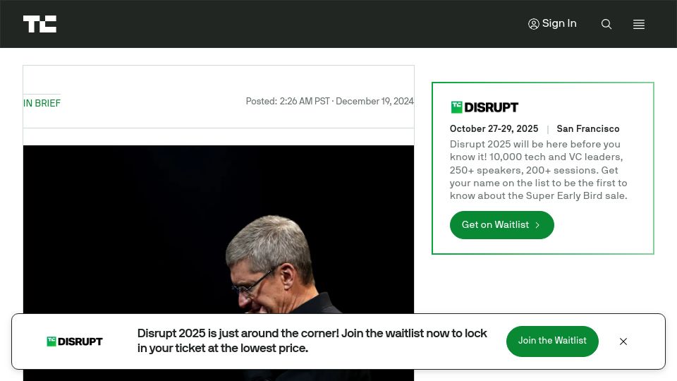 Screenshot of techcrunch.com: Apple and Meta go to war over interoperability vs. privacy