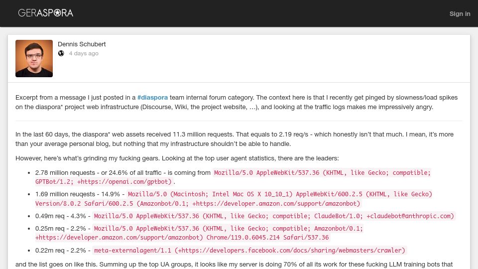 Screenshot of pod.geraspora.de: AI companies cause most of traffic on forums