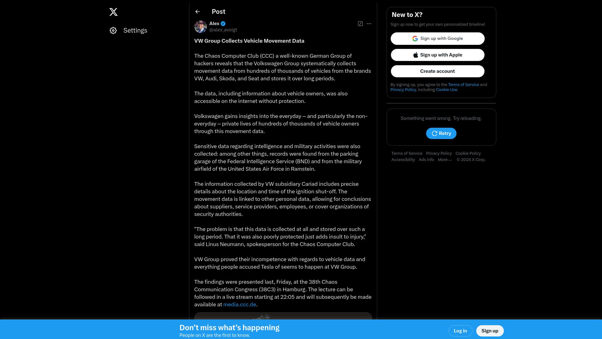 Screenshot of twitter.com: VW Group Collects Vehicle Movement Data