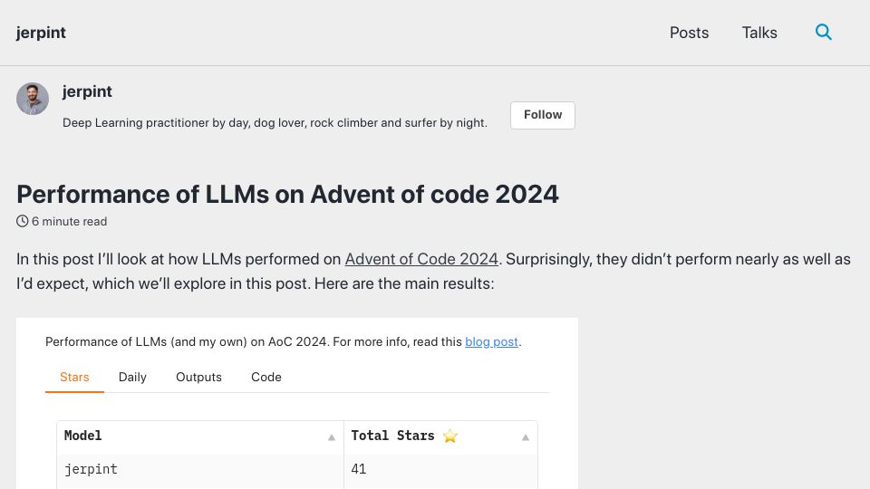 Screenshot of jerpint.io: Performance of LLMs on Advent of Code 2024