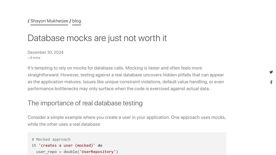 Screenshot of shayon.dev: Database mocks are not worth it