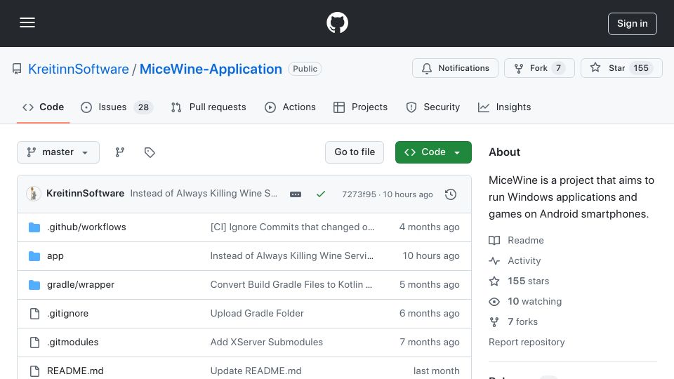 Screenshot of github.com: MiceWine – run Windows applications and games on Android smartphones