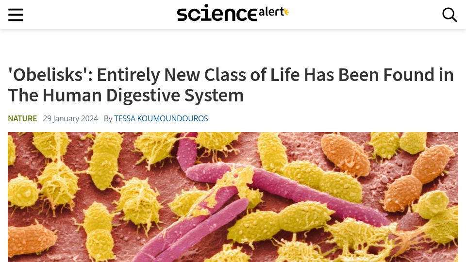 Screenshot of sciencealert.com: 'Obelisks': New class of life has been found in human digestive system