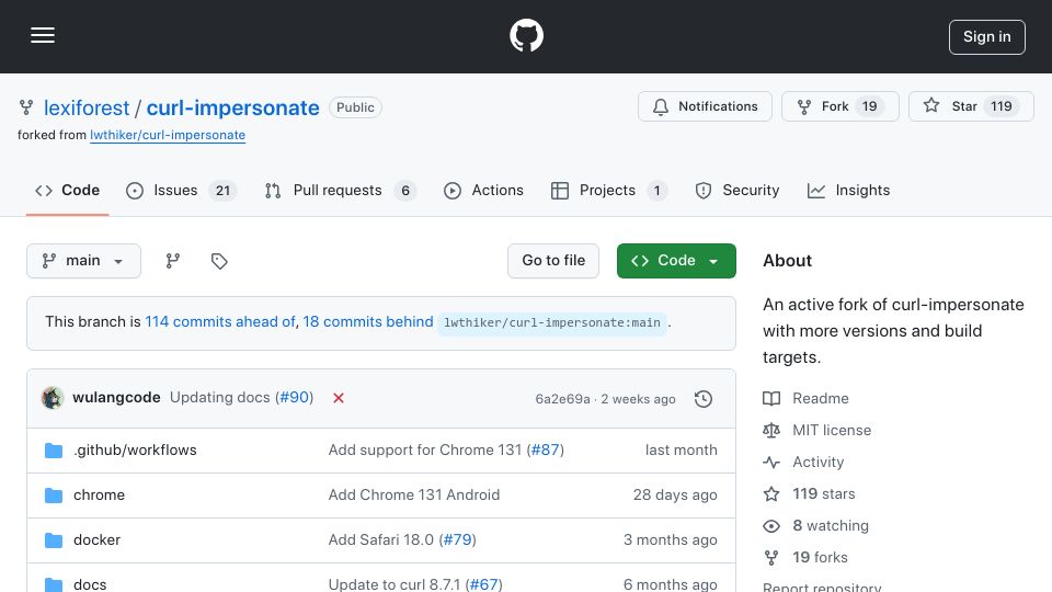 Screenshot of github.com: Curl-Impersonate