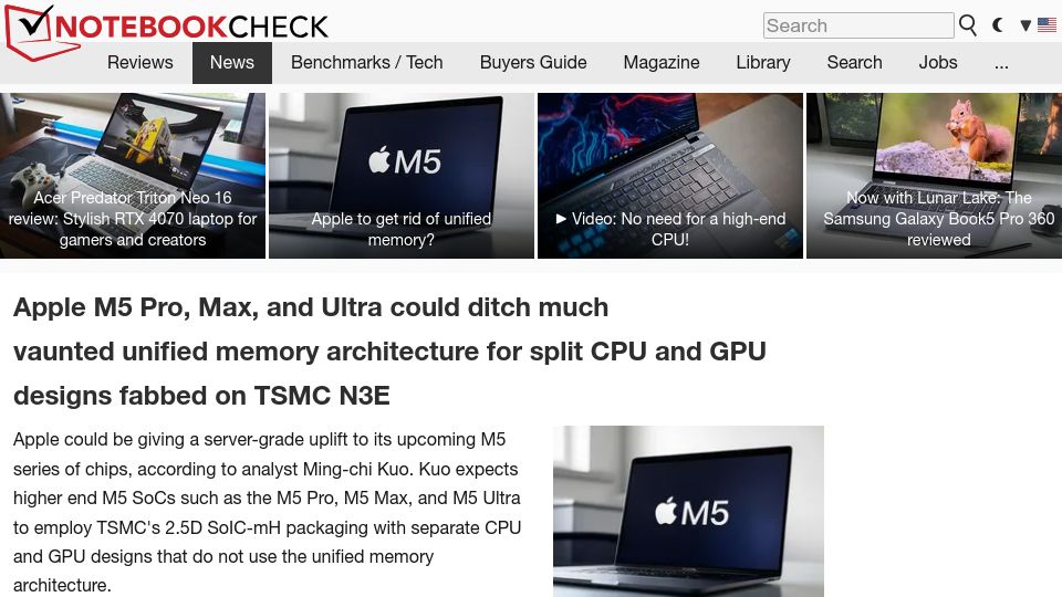 Screenshot of notebookcheck.net: Apple M5 could ditch unified memory architecture for split CPU and GPU designs