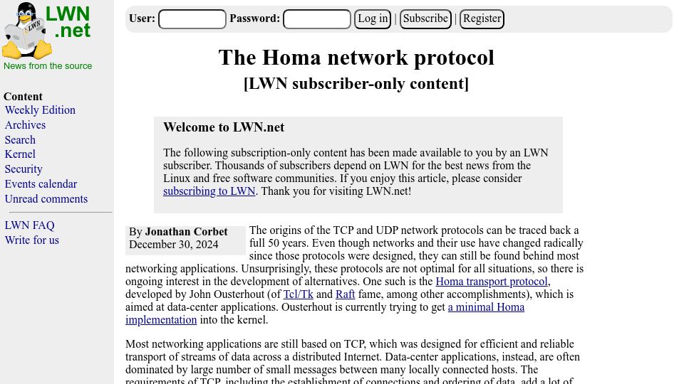 Screenshot of lwn.net: The Homa Network Protocol