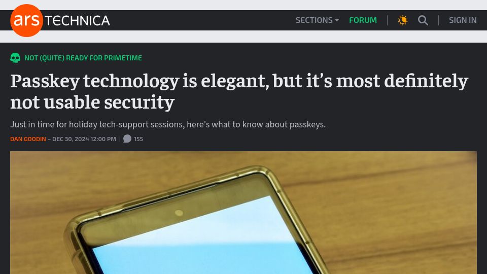 Screenshot of arstechnica.com: Passkey technology is elegant, but it's most definitely not usable security