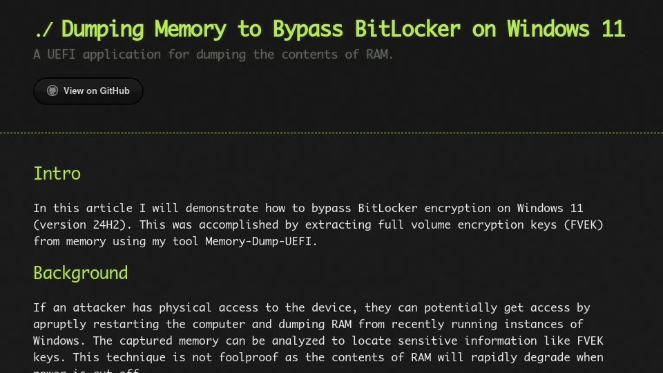 Screenshot of noinitrd.github.io: Dumping Memory to Bypass BitLocker on Windows 11
