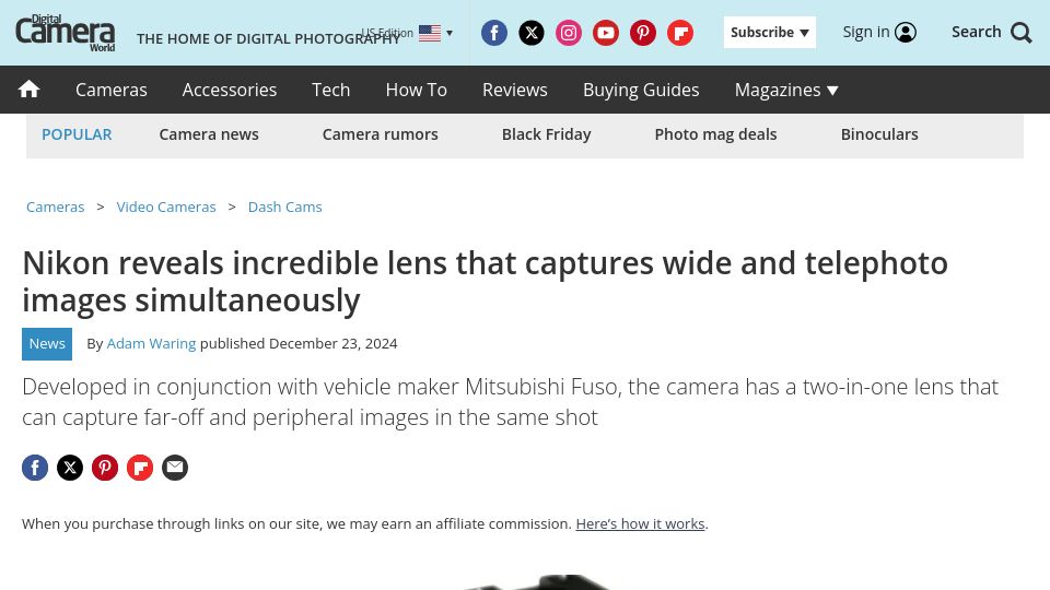 Screenshot of digitalcameraworld.com: Nikon reveals a lens that captures wide and telephoto images simultaneously