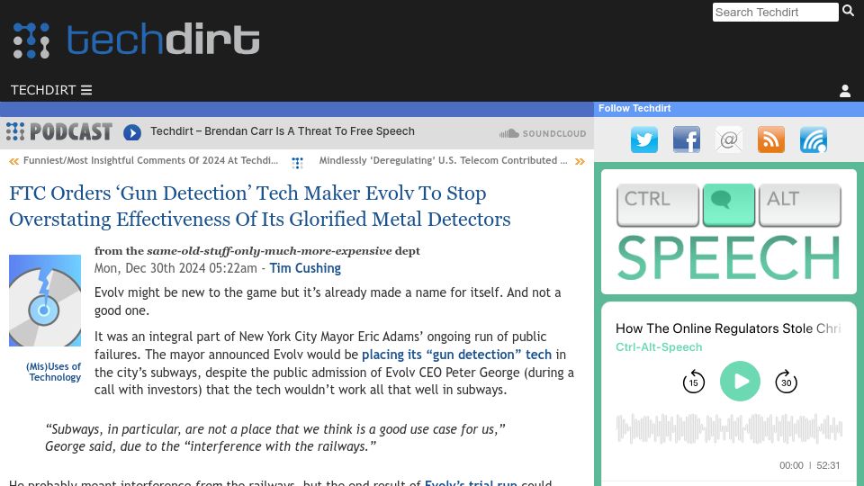Screenshot of techdirt.com: FTC orders 'gun detection' tech maker Evolv to stop overstating effectiveness