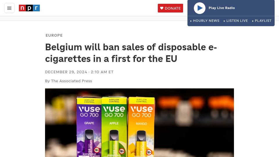Screenshot of npr.org: Belgium will ban sales of disposable e-cigarettes