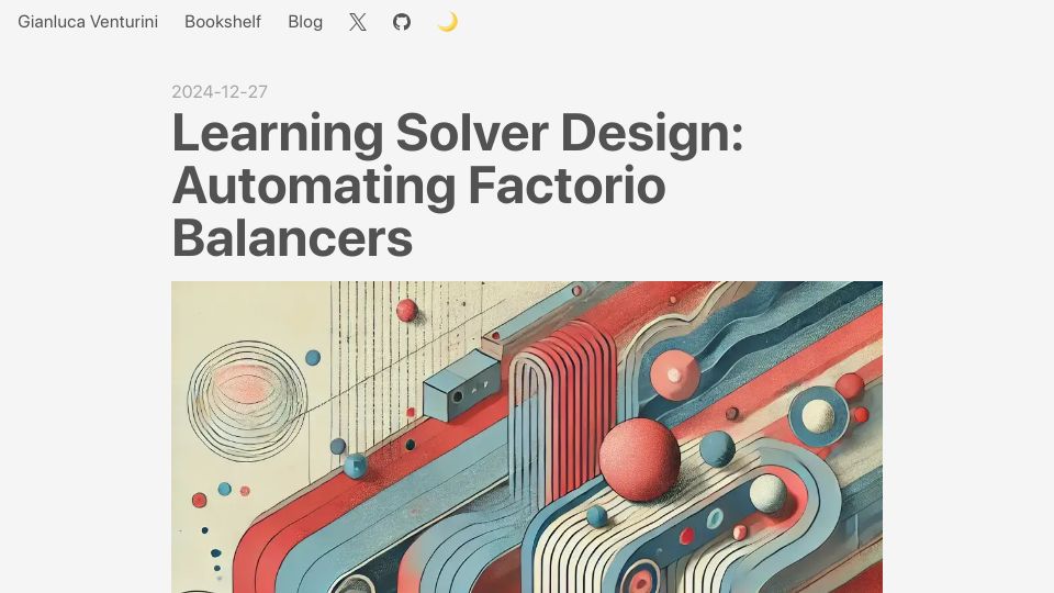 Screenshot of gianlucaventurini.com: Learning Solver Design: Automating Factorio Balancers