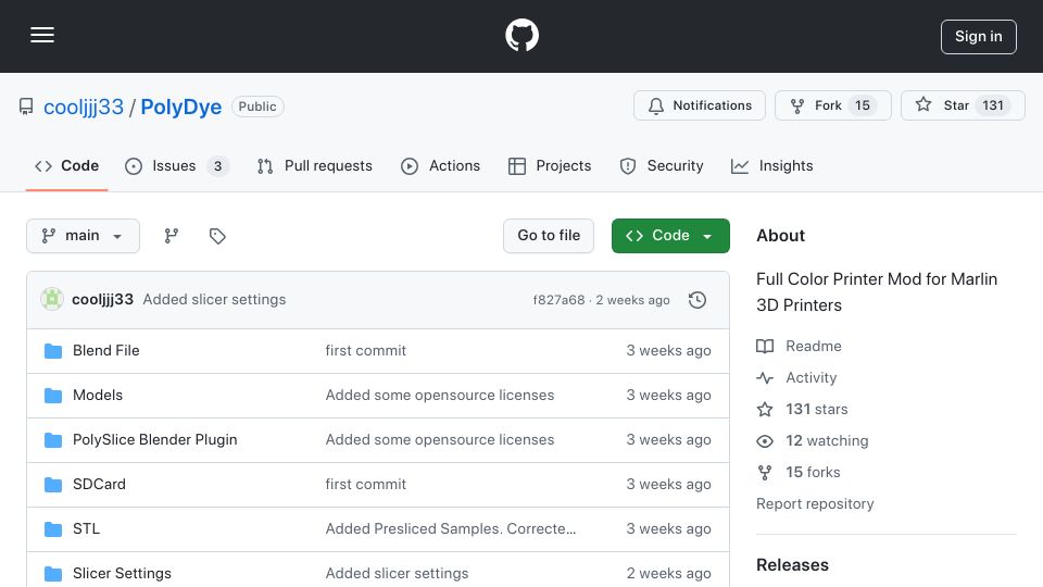 Screenshot of github.com: PolyDye: Full color printer mod for Marlin 3D printers