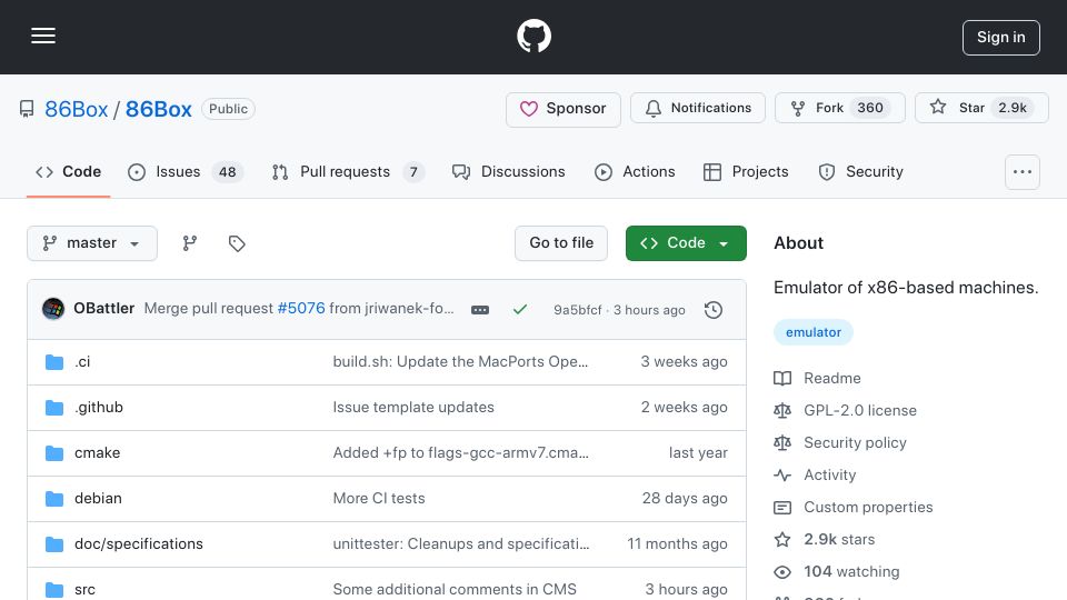 Screenshot of github.com: 86Box: Emulator of x86-Based Machines