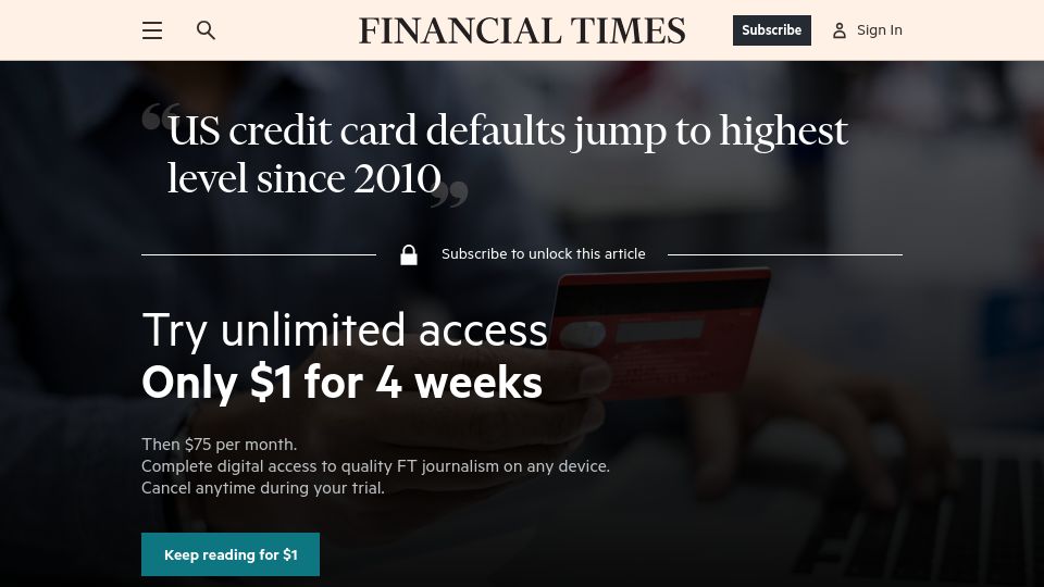 Screenshot of ft.com: US credit card defaults jump to highest level since 2010