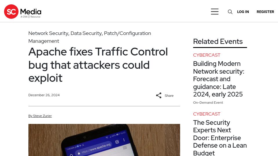 Screenshot of scworld.com: Apache fixes Traffic Control bug that attackers could exploit