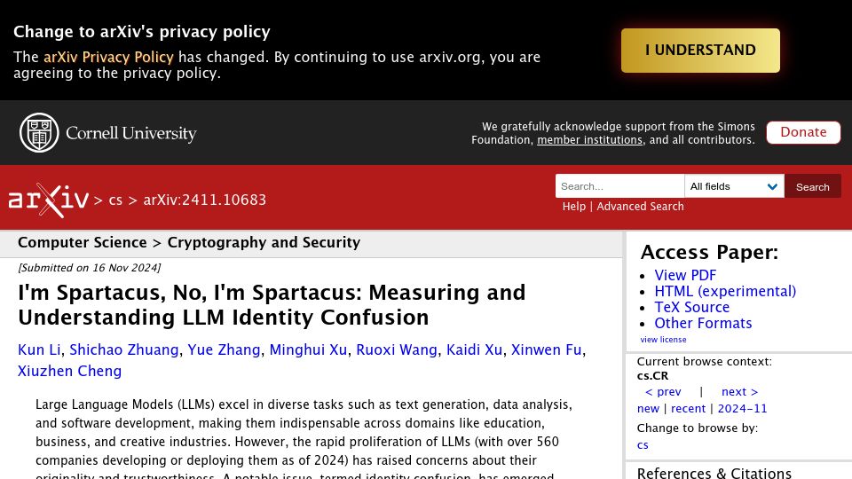 Screenshot of arxiv.org: Measuring and Understanding LLM Identity Confusion